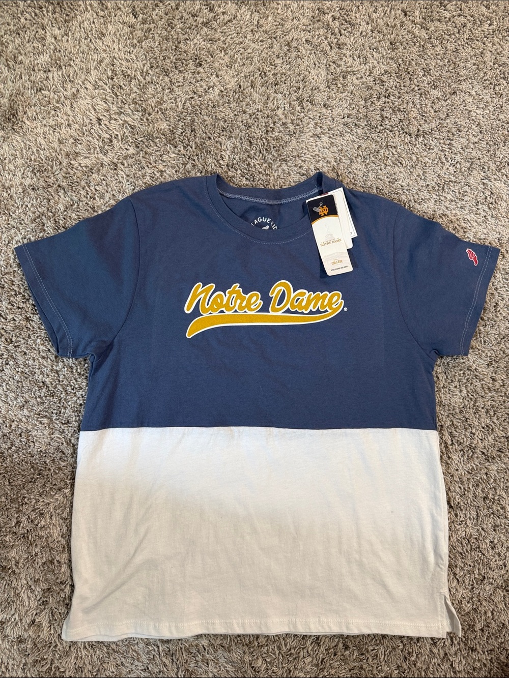League Kids Notre Dame Blue/White Two-Tone Tee with Yellow Script Size XL(14-16)